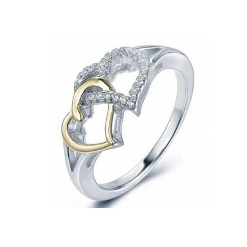 Cluster Rings bruiloft voor vrouwen Hollow Double Heart Shape Ring Twisted Pattern Gold Color Separation Micro-Inlay Boor zilver