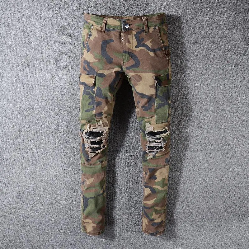 Jeans da uomo 2021 Streetwear Fashion Men Camouflage Military Grande tasca Denim Cargo Pants Slim Fit Hip Hop Strappato Pantaloni punk