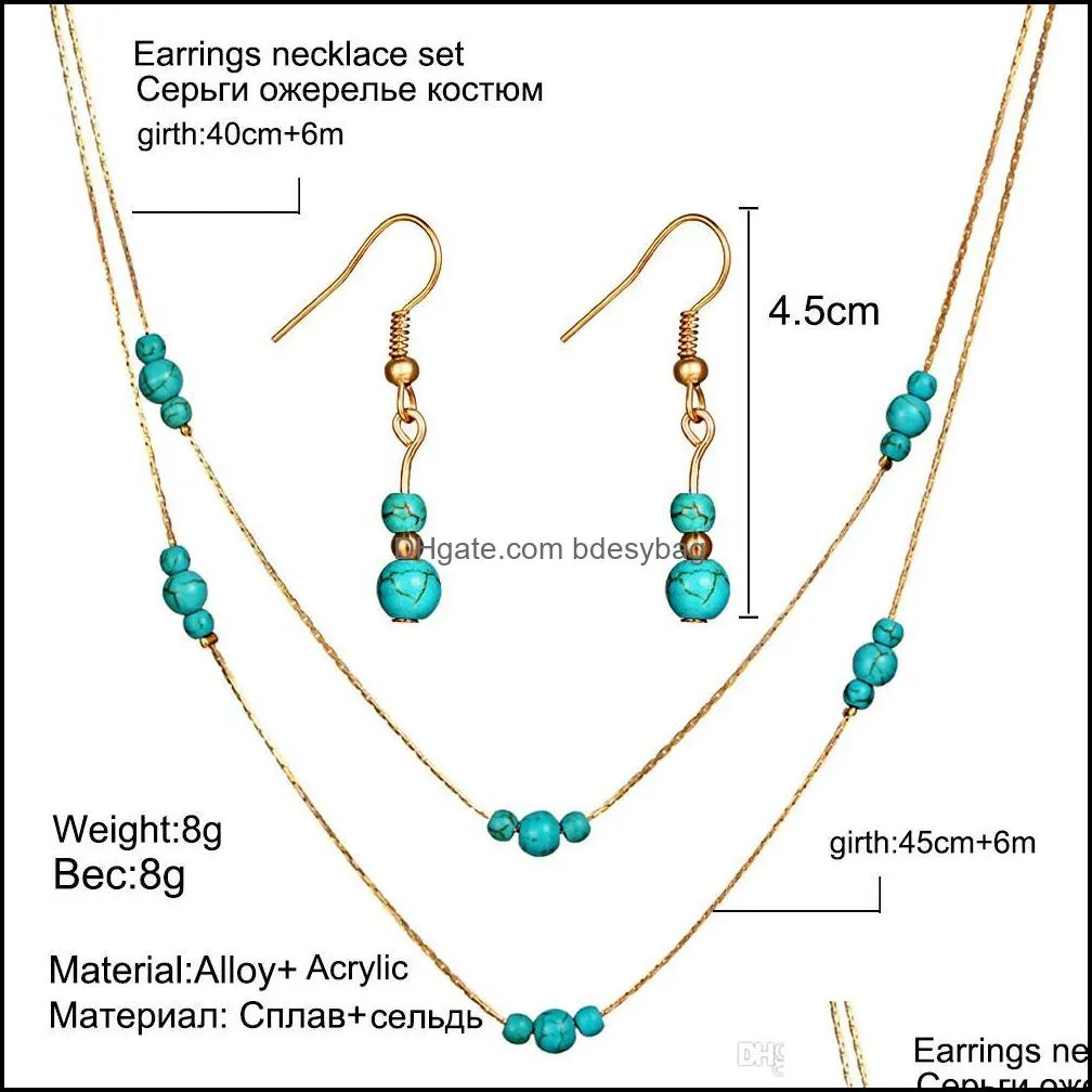 2-color European and American retro jewelry set, Round Turquoise gem multi-layer Necklace Earring Set, female Wholesale sales