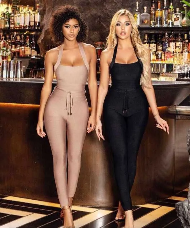 Women Sexy Designer Halter Nude Black Bandage Jumpsuit Bodycon High Street Celebrity Skinny Party Rompers 210527