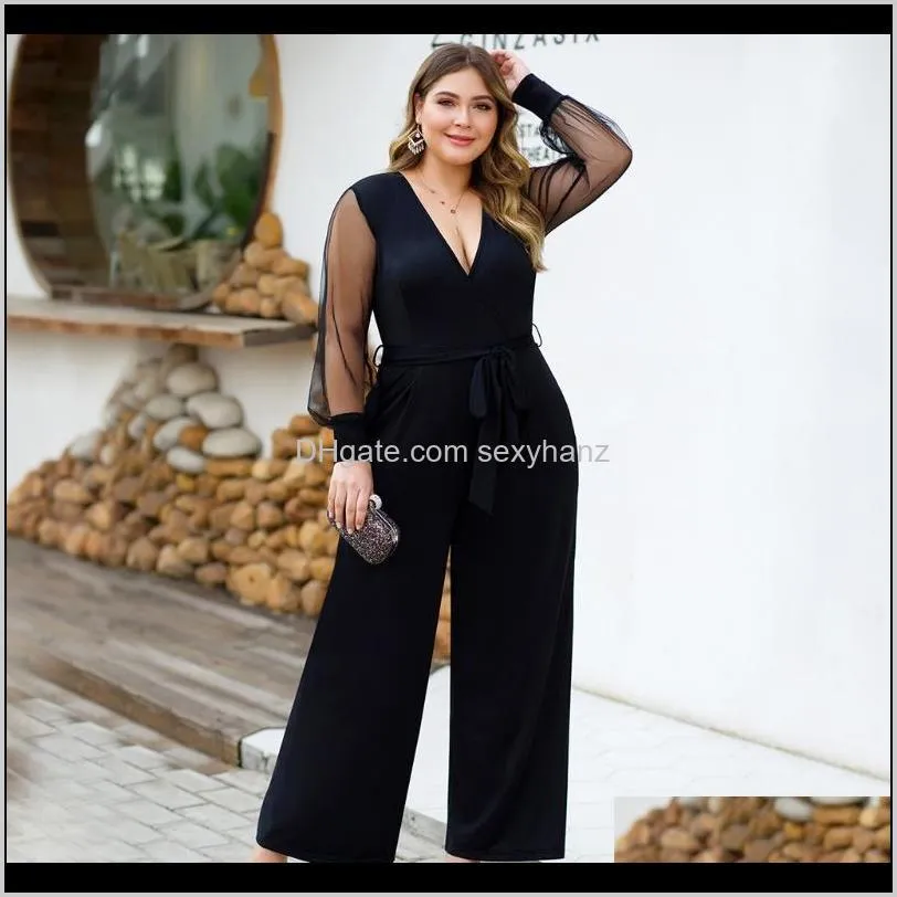 ladies jumpsuits women black plus size casual mesh stitching long sleeve v-neck lace belt wide leg bodysuit mono mujer