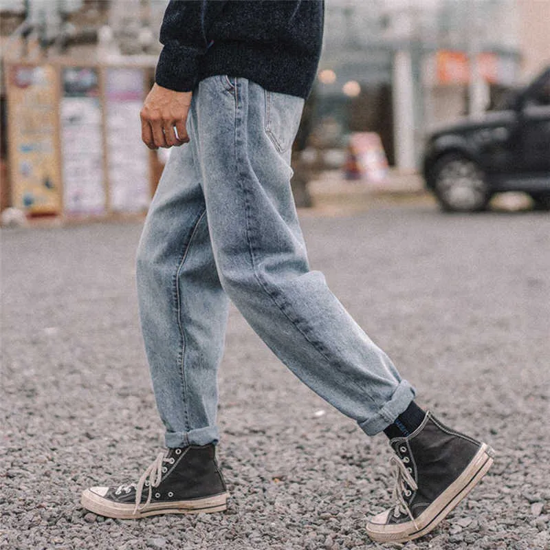 Nieuwe Koreaanse rechte jeans voor mannen trendy blauw gewassen broek outdoor mode streetwear mannelijke losse broek jeans homme 2021 x0621