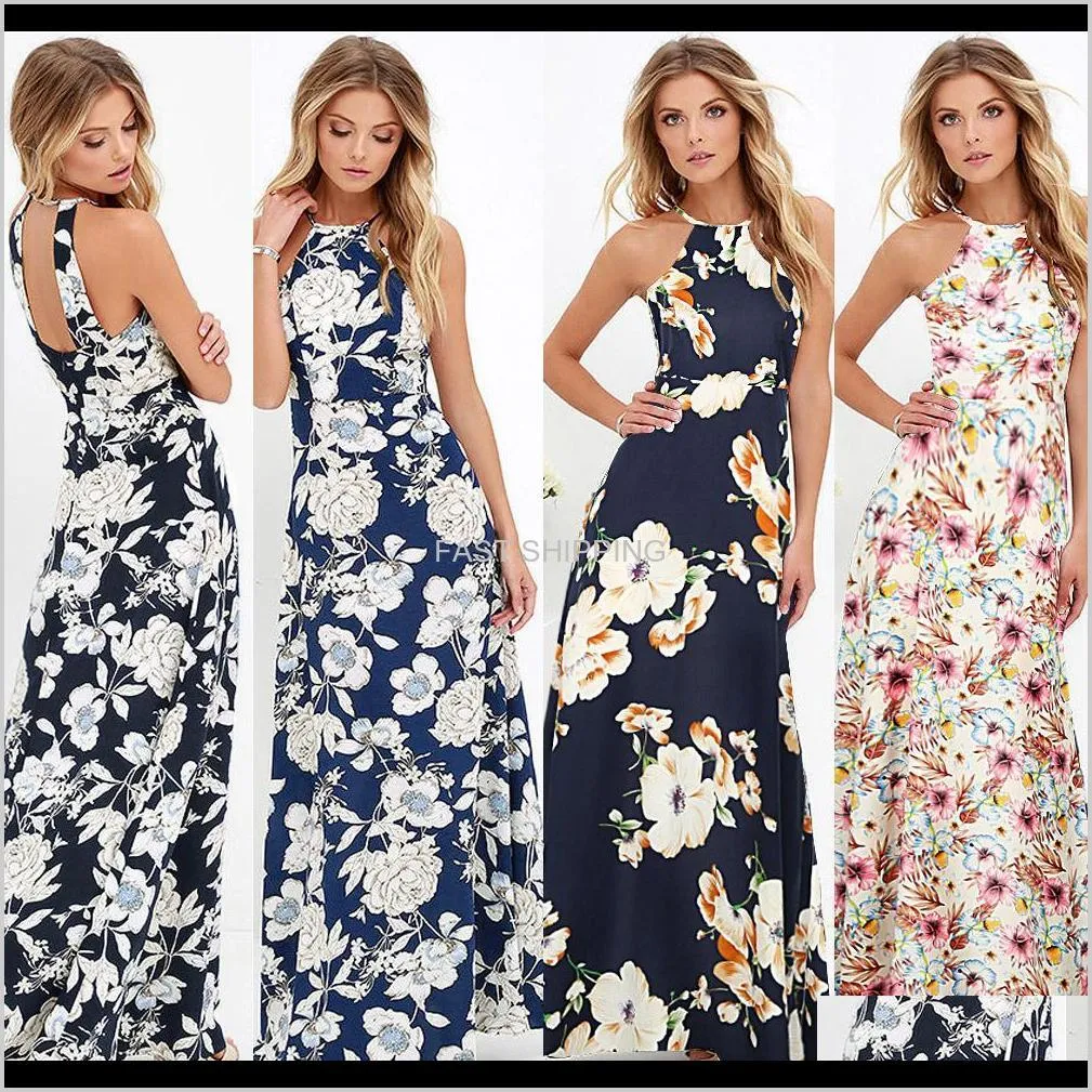 Party Dresses Odzież Aself Sexy Kobiety Maxi Boho Sukienka Halter Neck Kwiatowy Druku Bez Rękawów Lato 2018 Wakacje Długi Slip Beach Cstnh