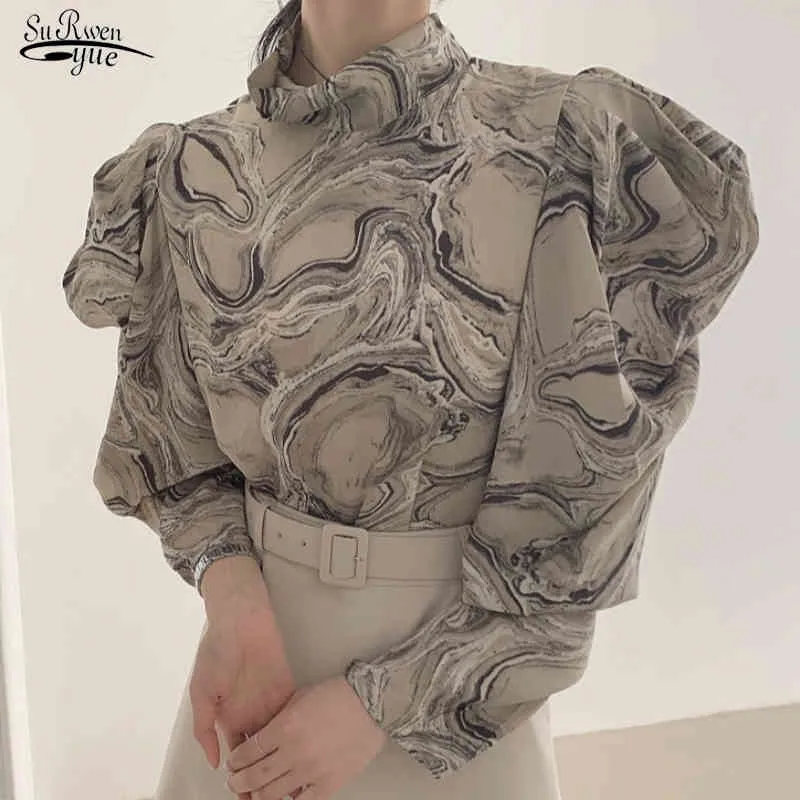 Office Lady Stand Collar Puff Sleeve Shirts for Women Fashion Printing Blouse Korea Chiffon Female Clothing 12897 210508