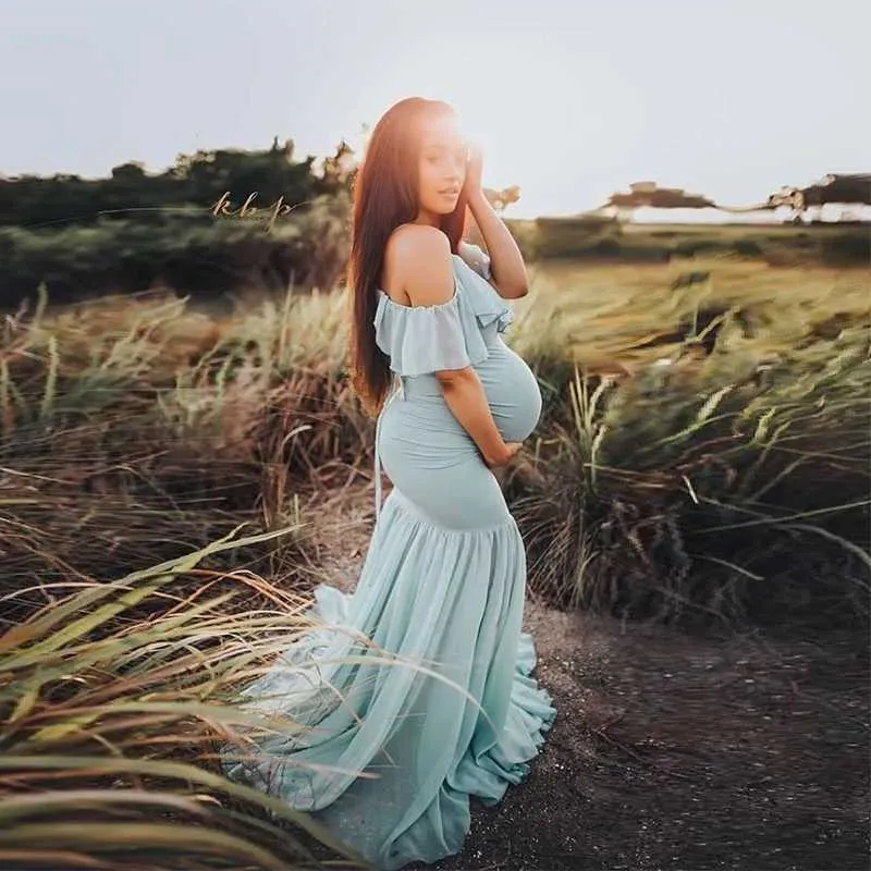 Ruffles Maxi abito di maternità per servizi fotografici Abiti di maternità sexy carini Fotografia Puntelli 2021 Abito da donna gravidanza Plus Size Y0924