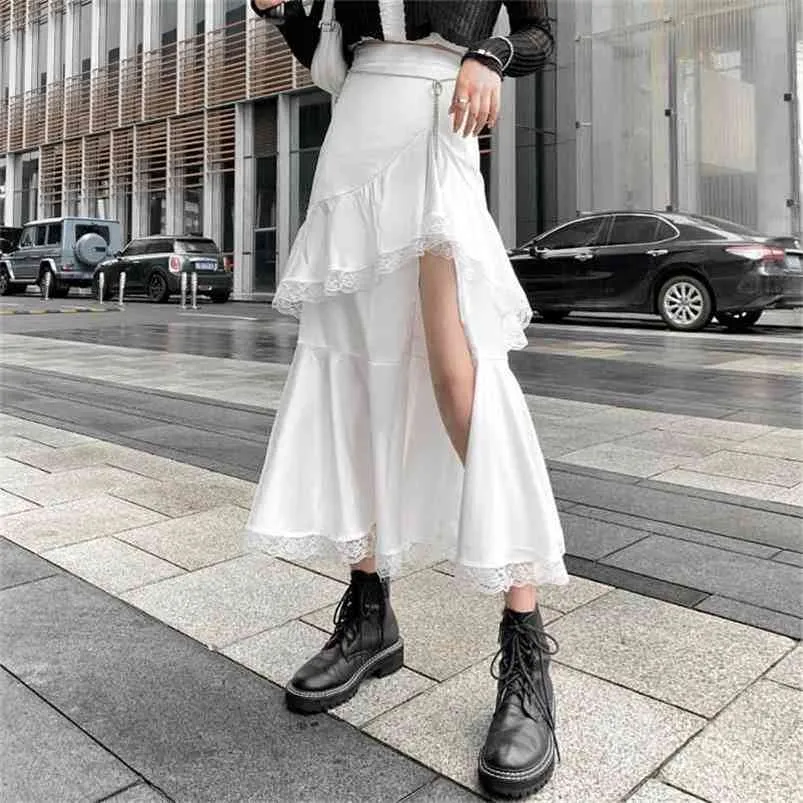 Midi Skirt Kvinnor Chic Oregelbundna Harajuku Casual Cool Split Lace Ruffles S Sommar Höst Damkläder 210621