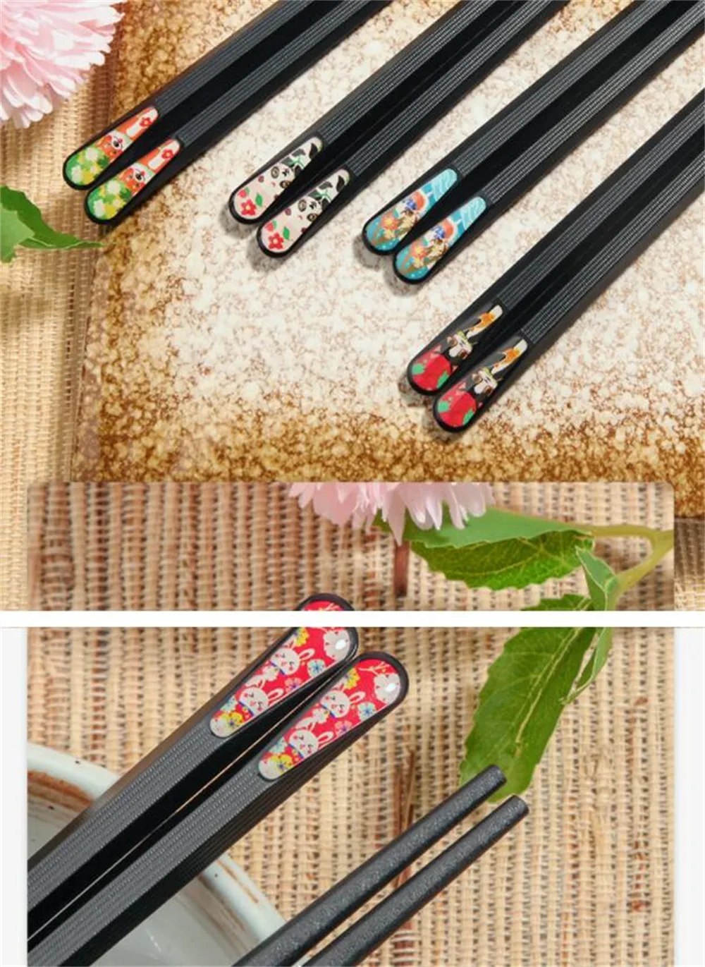 Atacado Chopsticks de fibra de vidro Santi Reutilizável máquina de lavar louça segura, pauzinho japonês, 9 1/2 polegadas, corpela colorida com padrão asiático diferente, antiderrapante varas KD1