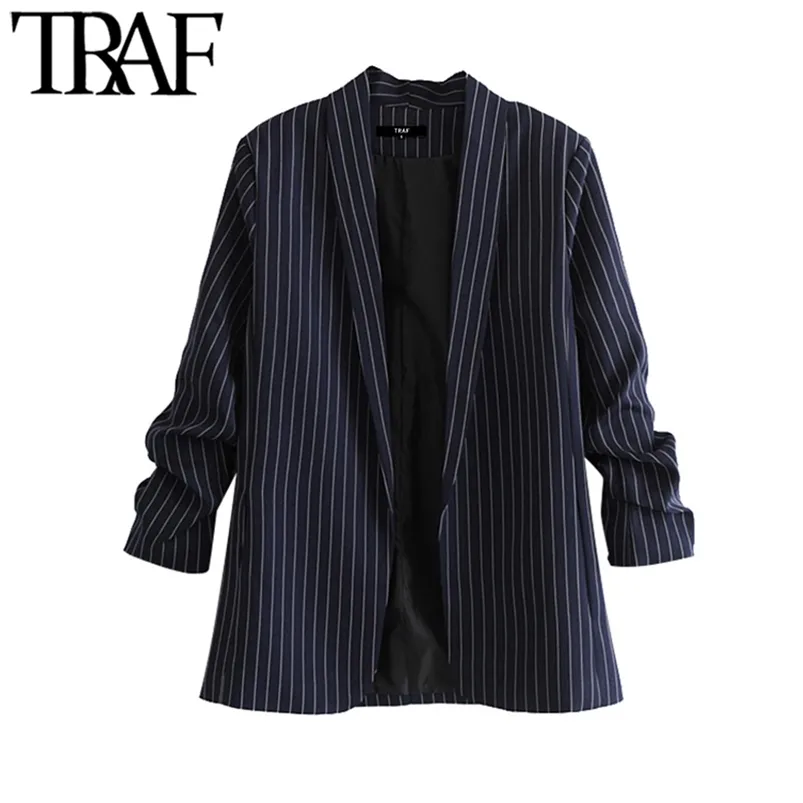 Kvinnor Mode Office Wear Striped Blazer Coat Vintage Three Quarter Sleeve Fickor Kvinnliga Ytterkläder Chic Toppar 210507