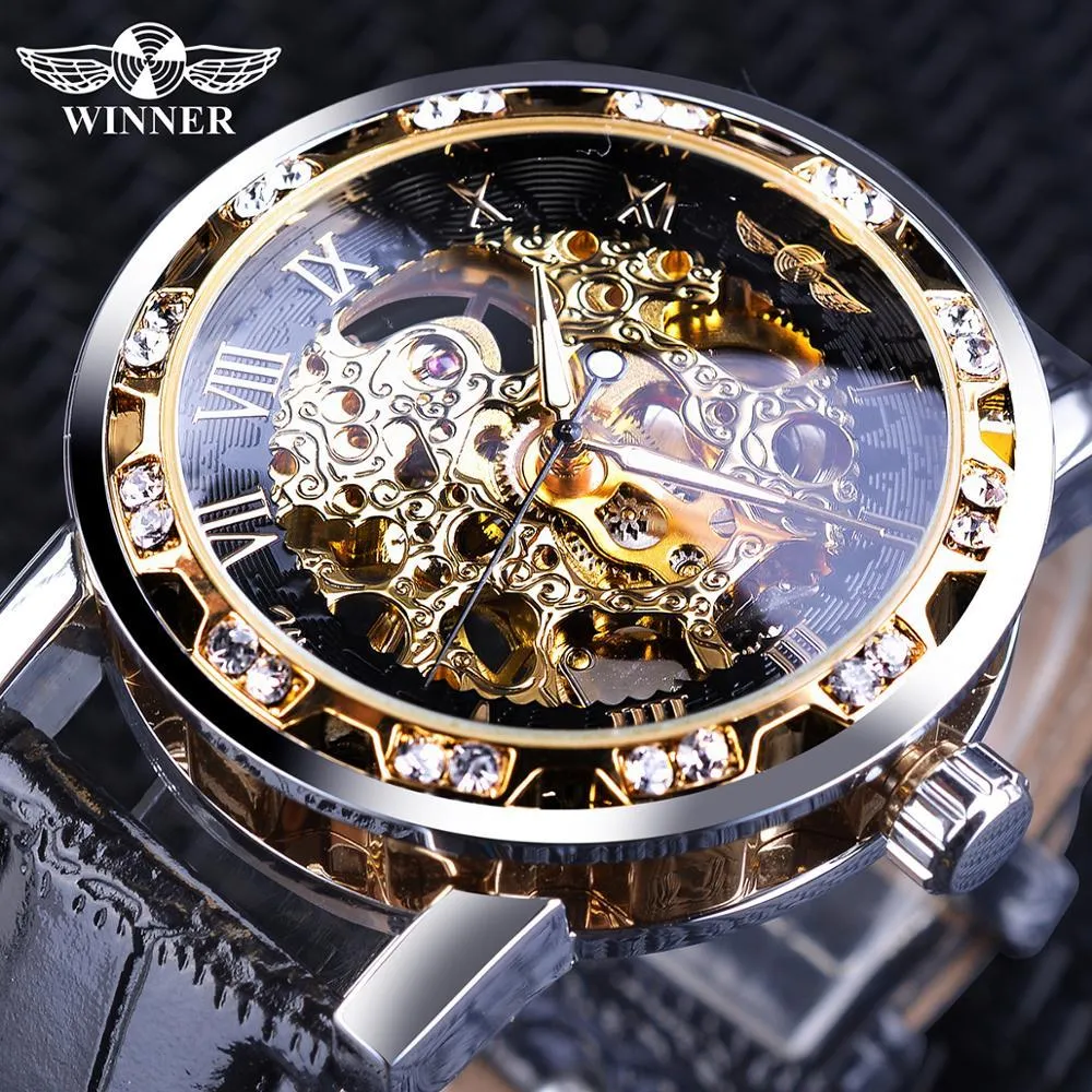 Vinnare Svart Golden Retro Luminous Hands Fashion Diamond Watch Display Mens Mekanisk Skelett Armband Klockor Klocka