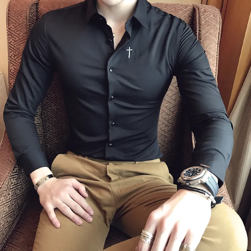 ブランド100％コットン春秋のブティックファッションクロス刺繍メンズカジュアルビジネスロングスリーブシャツ男性フォーマルウェディングドレス4xl 5xl