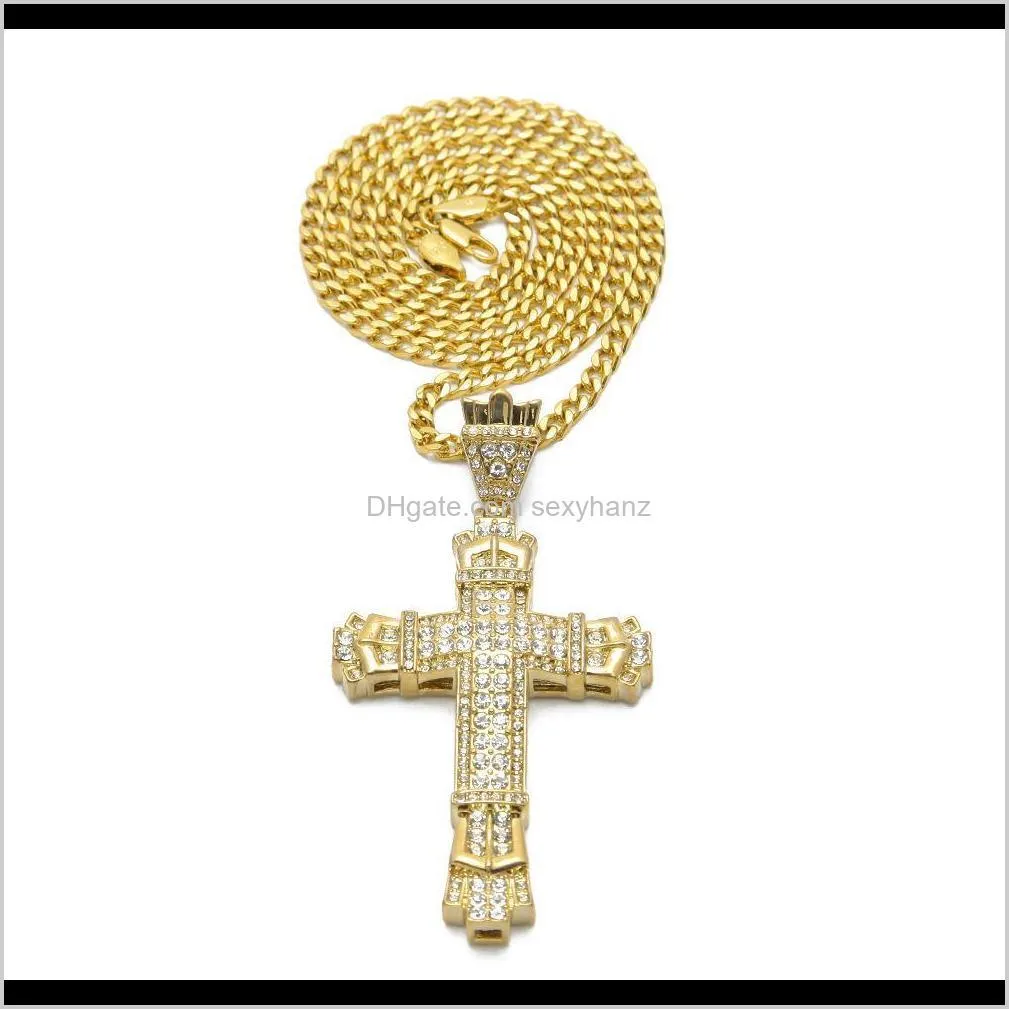 retro gold cross charm pendant full ice out cz simulated diamonds catholic crucifix pendant necklace with long cuban chain