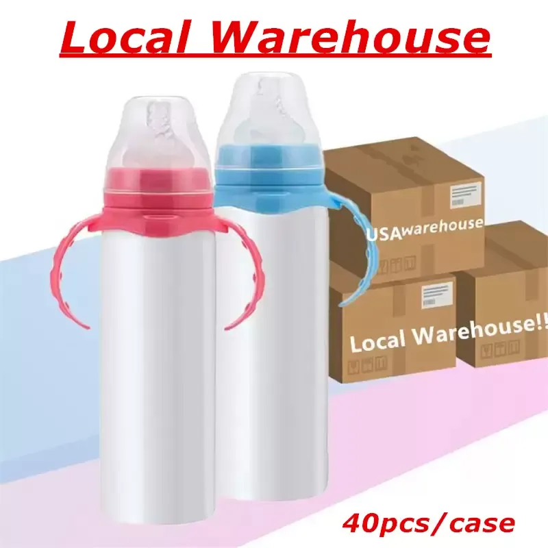 Local Warehouse! 8oz Sublimation Baby Bottles Straight Handle White Blank Kids Cups Pink Blue Heat Transfer Tumblers Stainless Steel Water Bottles CG001