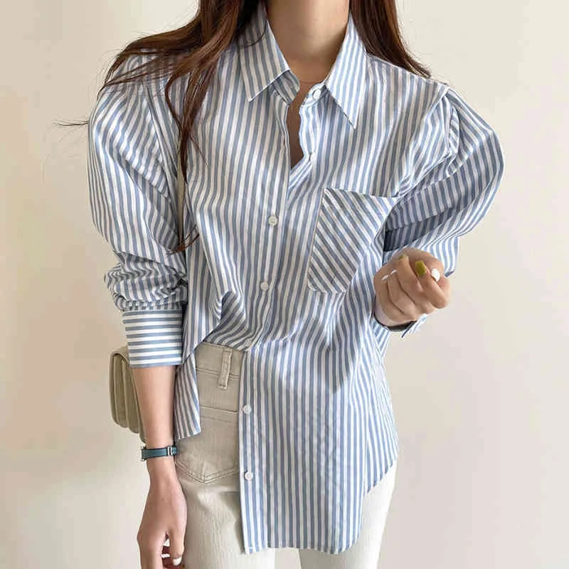 Women Blue Casual Simplicity Striped Blouse Lapel Long Sleeve Loose Fit Shirt Fashion Spring Summer 2F0568 210510