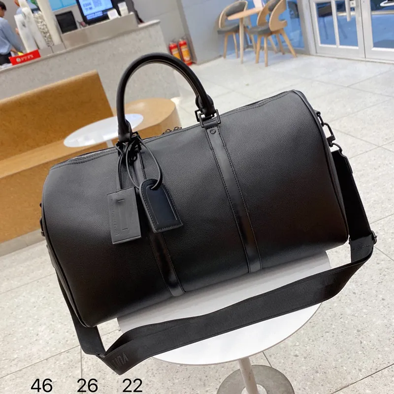 Men`s Fashion Duffel Bag Black Leather Travel Bag Ladies Large Capacity Handle Luggage Gentleman Business Handbag with Shoulder Strap Size 42CM