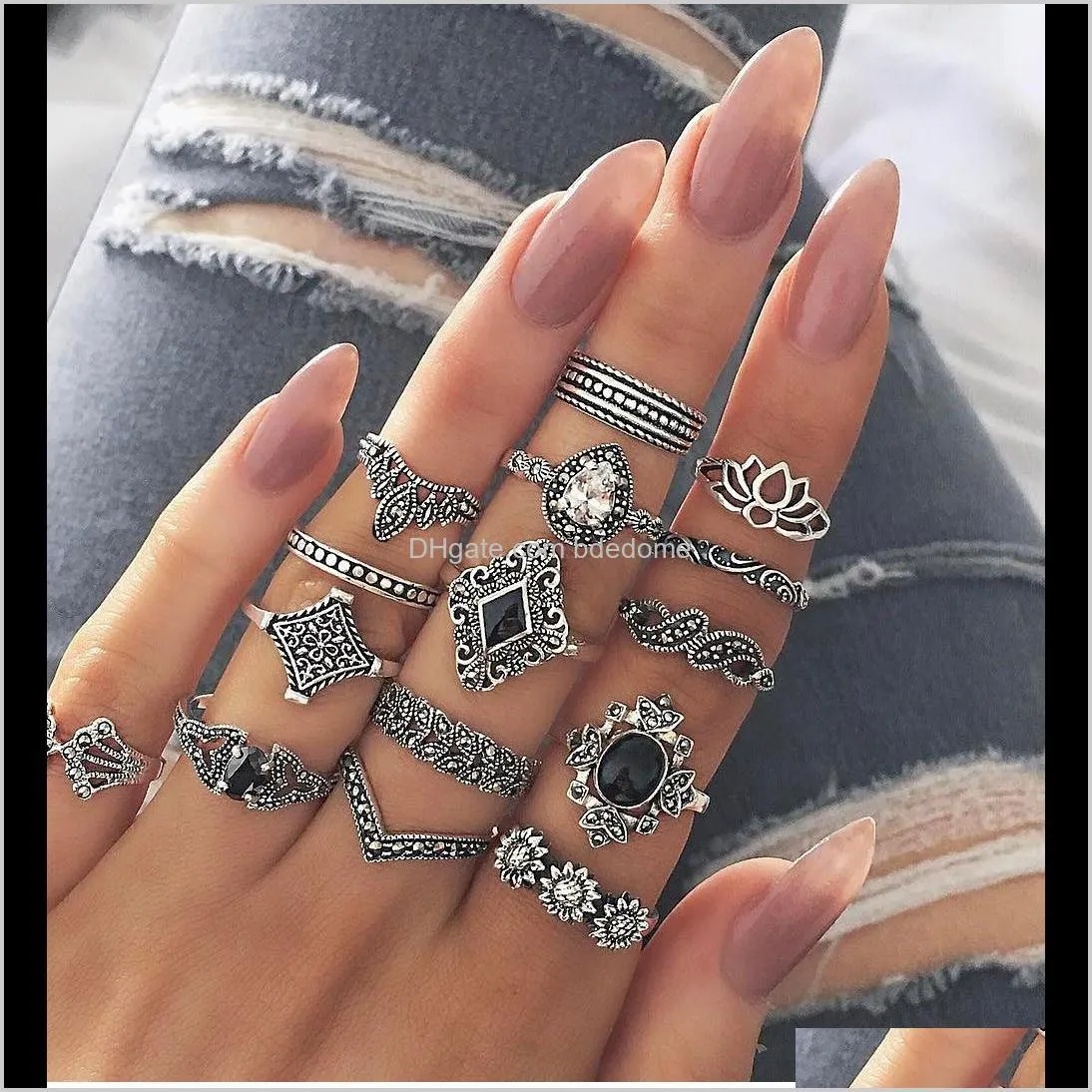  shipping bohemian retro ancient anemone female new personality ring 15-piece set