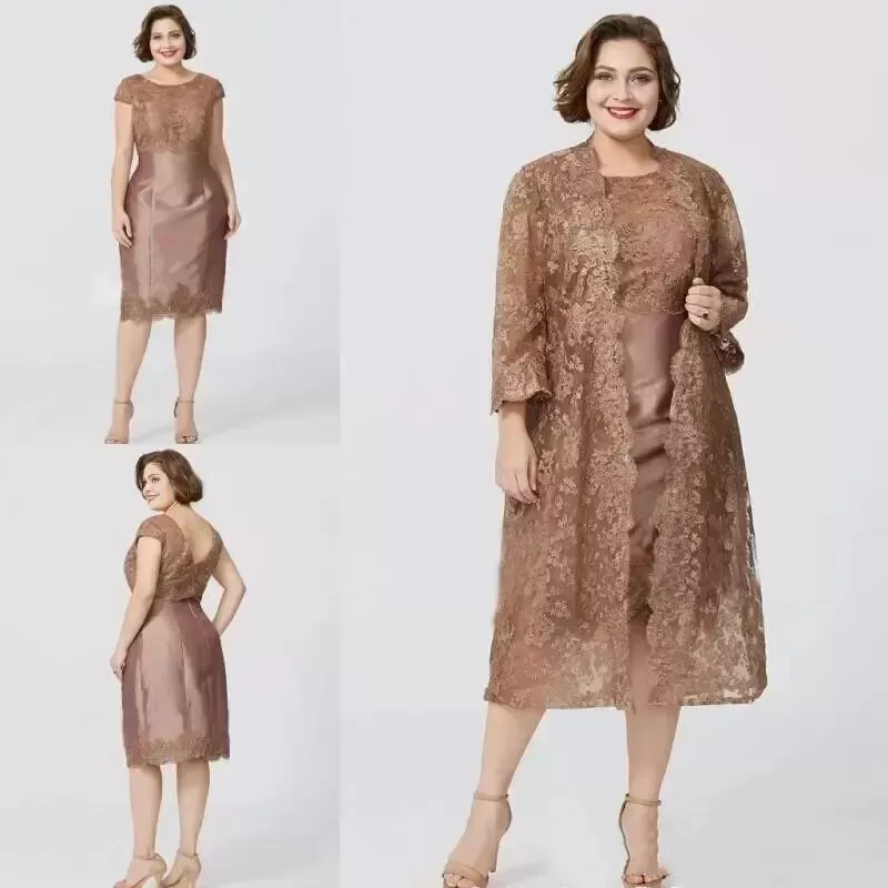 Elegancki Plus Size Koronka Matka Suknie Panny Młodej Garnitury Z Długim Jacket Brązowe Długie Rękawy Długość Kolana Płaszcza Matki Formalnej Wieczorowej Dress Gościnni Wedding Party Suknie