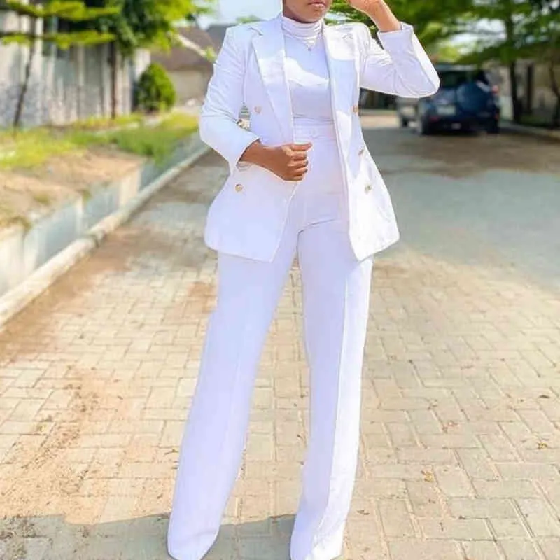 2022 Elegant Women Blazer Sets Buttons White Wide Leg Pant Suits Fashion Professional Party Office Business Outfits Single Pack 220105