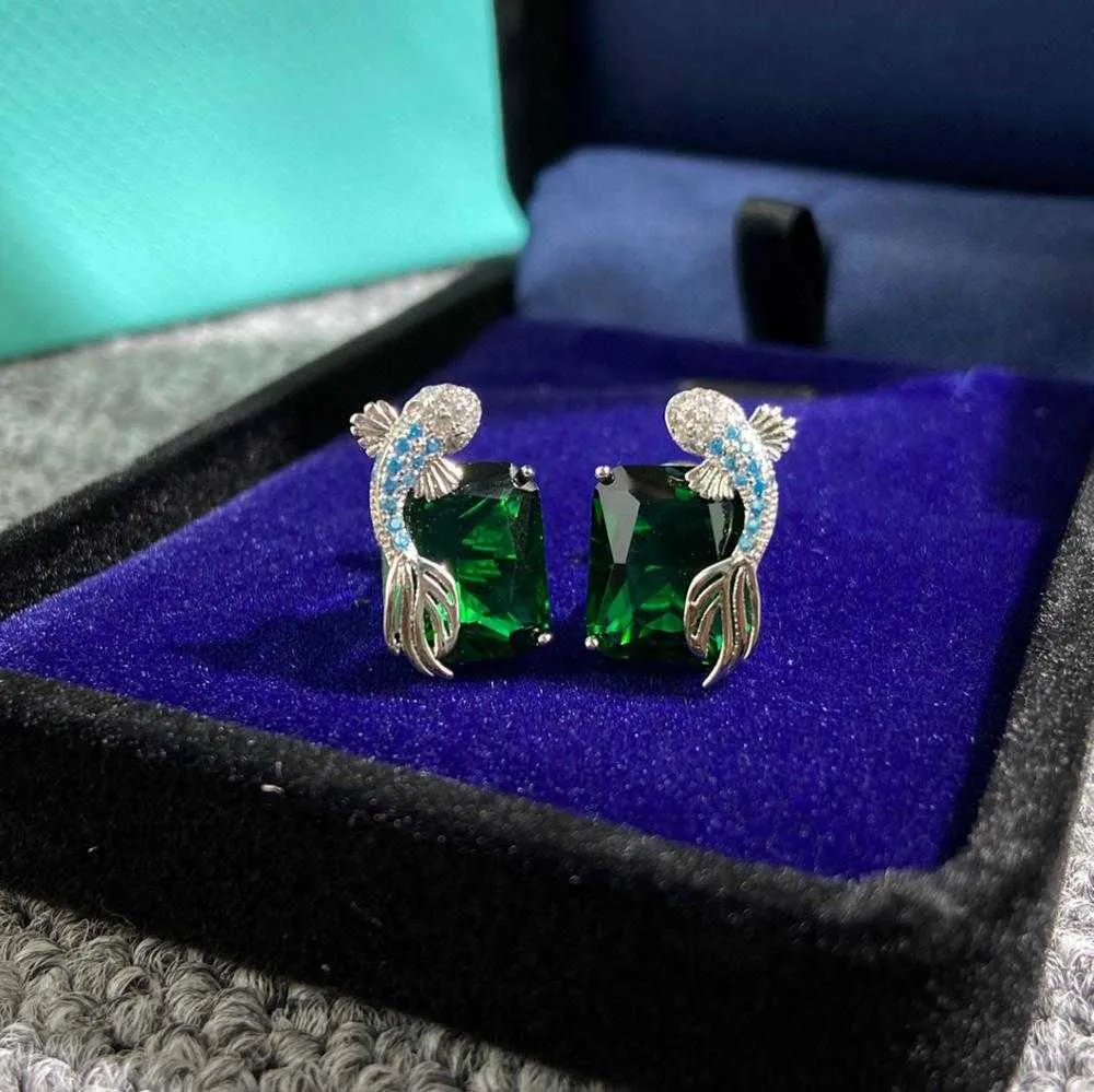 Marca pura 925 prata esterlina para mulheres peixe verde brincos de diamante festa de casamento jóias de prata grande design jóias