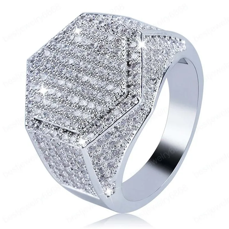 Anel hexagonal para homens, joias hip-hop da moda de alta qualidade banhado a ouro 18 K Bling Ice Out CZ anéis hip hop