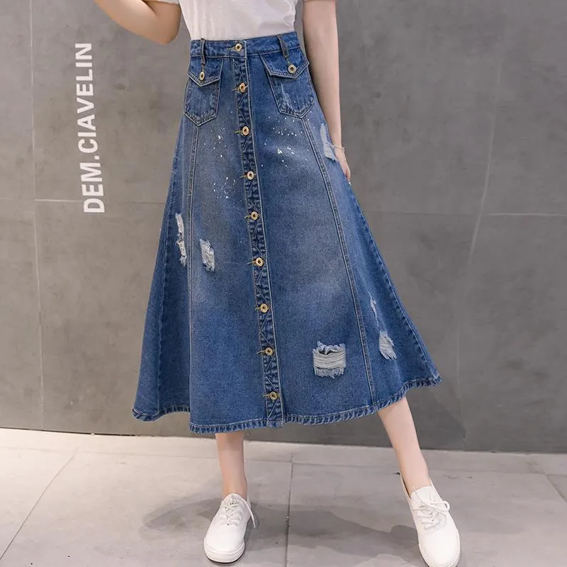 Etek yaz denim bayan giysileri moda boya noktaları ince etek Kore tarzı artı beden göğüslü uzun t117