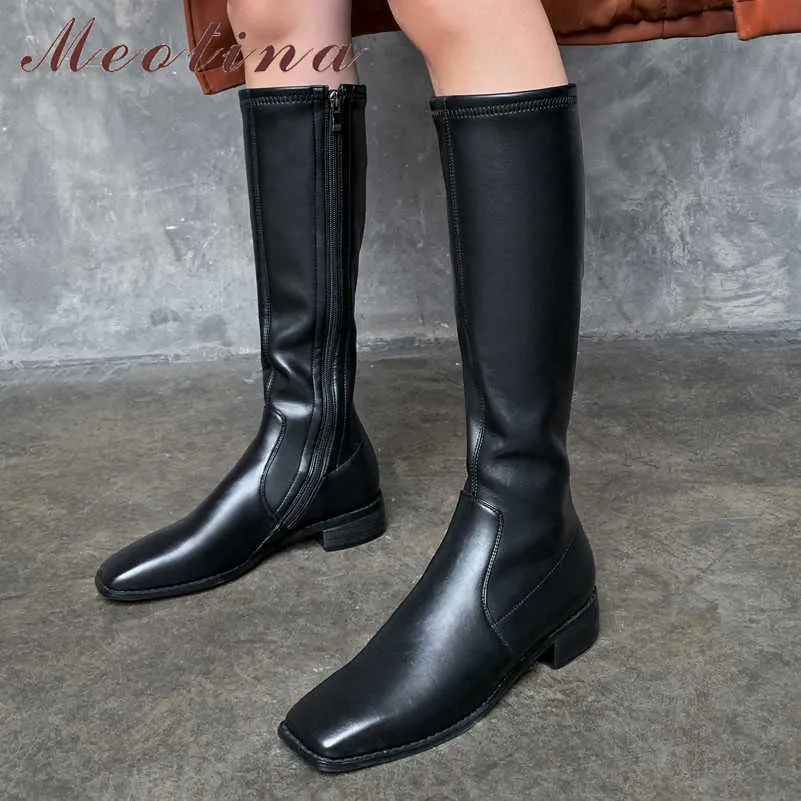 Meotina Riding Boots Women Shoes Real Leather Mid Heel Knee-High Boots Square Toe Block Heels Zip Lady Long Boots Autumn Winter 210608