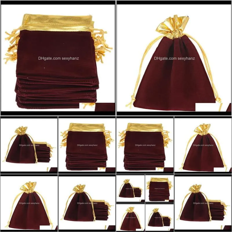 wholesale 25pcs 12x15cm velveteen purplish red velvet gold trim drawstring jewelry gift string christmas/wedding bags pouches