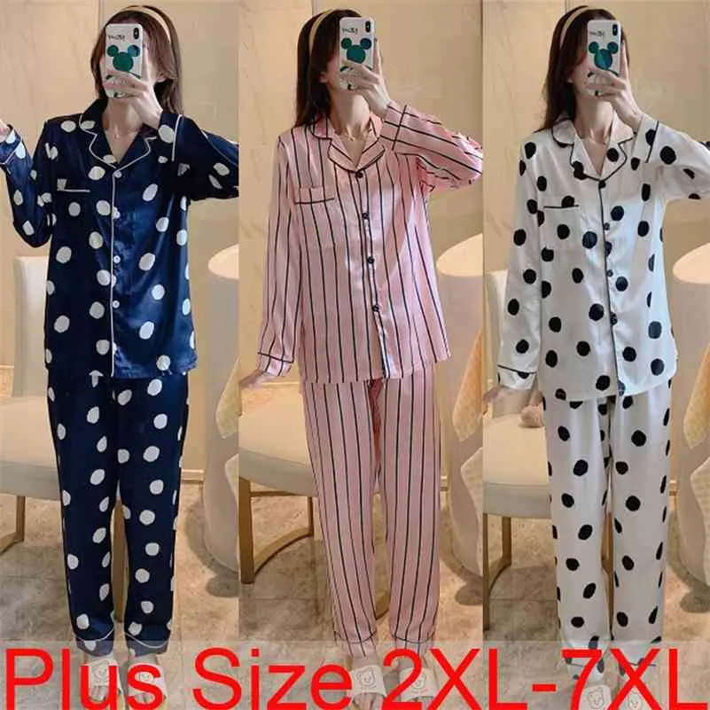 بالإضافة إلى حجم 2xl-7xl النساء الحرير الحرير منامة مجموعة مع السراويل طويلة الأكمام بدوره أسفل طوق بيجامة بيما النوم 210330