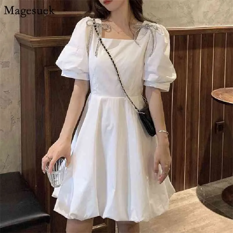 Été Blanc Mini robe femmes femmes manches bouffées de style coréen fée mousseline mousseline dames kawaii élégante fête vintage es 14556 210512