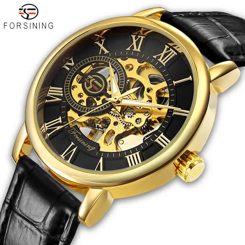 Forysing Luksusowa marka Mężczyźni Zegarki 3D Dial Design Hollow Gold Watch Men Skórzany Szkielet Mechaniczny Zegar Relogio Masculino 210517