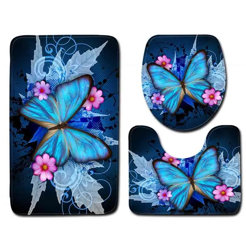 3 Stuk Bad Mat Set 3D Butterfly Toilet Badkamer Set WC Mat Tapijten Baden voor douche Flanel Memory Foam Antislip Mat Tapijt 210724