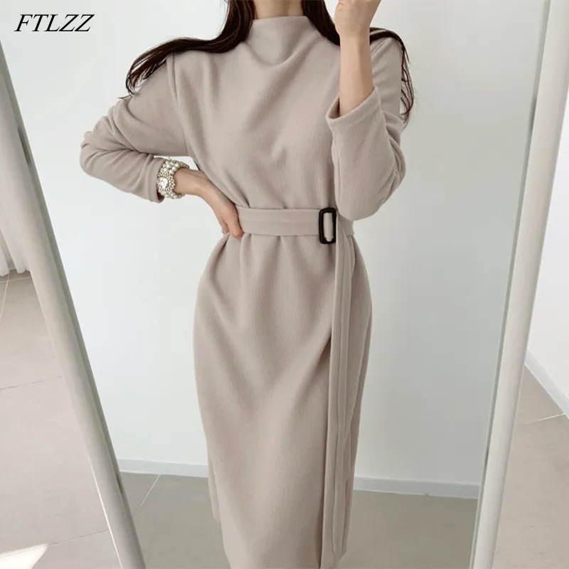 Spring Autumn Office Lady Stand Collar Sash Tie Up Knitting Dress Sexy Women Split with Belt 210423