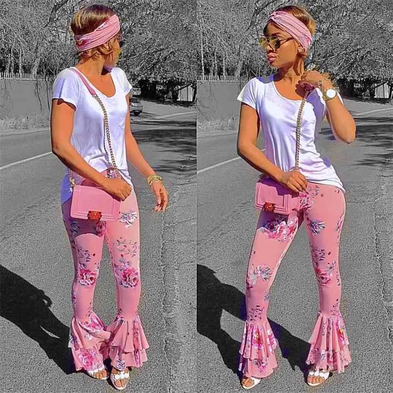 Fashion Summer Pink Flare Pants Floral Ruffled Draped Printing Ladies Arrival Wide Leg Skinny Trousers Palazzo 210517