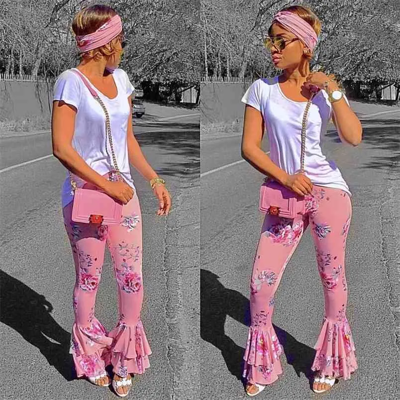 Mode sommar rosa flare byxor blommig ruffled draped printing damer ankomst breda ben skinny byxor palazzo 210517