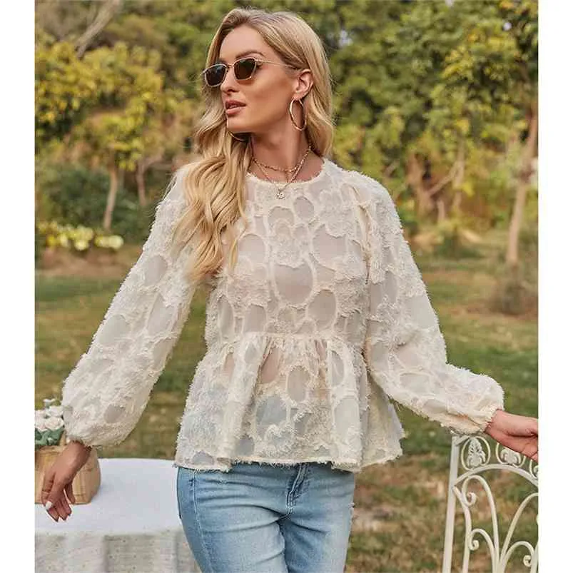 Blouse transparente à manches longues Tops Femmes Casual Lâche Pelpum Printemps Automne Beige Épissé Top Blusa Mujer 210427