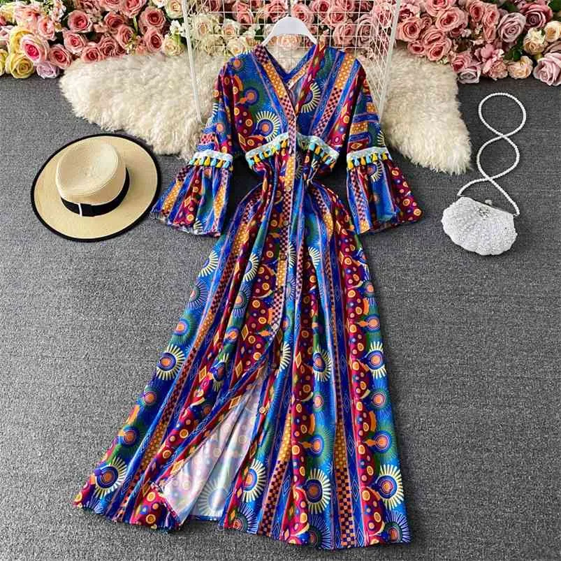 Summer Style Seaside Vacation Beach Travel Loose V-neck Vestidos Female Yunnan Bohemian Ethnic Midi Dress GK150 210507