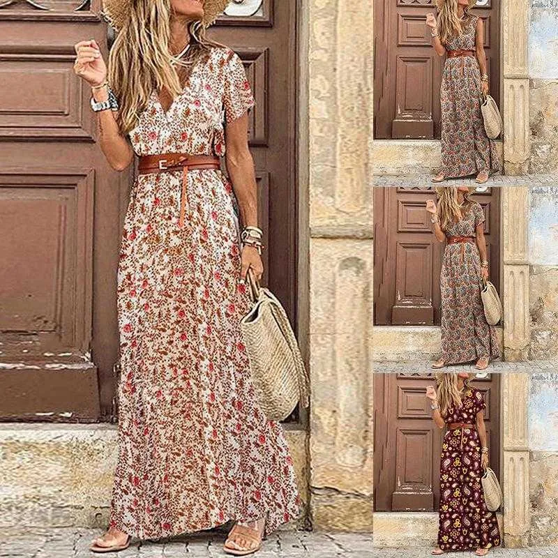 Mulheres Longo Vestido Verão V-Neck Boho Belted Maxi Vestido Casuais Sexy Party Dress Senhoras Bohemian Beach Feriado Sundress 210712