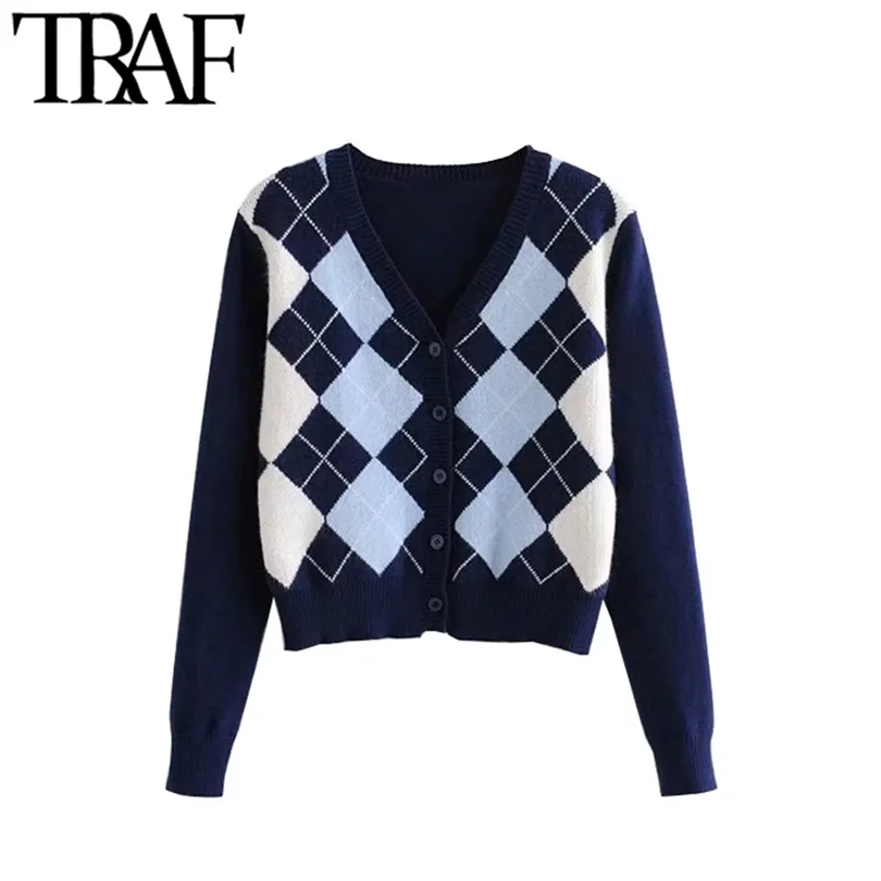 TRAF Women Cardigan Vintage Stylowe Wzór Geometryczny Krótki Trykotowy Sweter Moda Z Długim Rękawem Anglia Styl Odzież Odzieży Chaqueta 210922