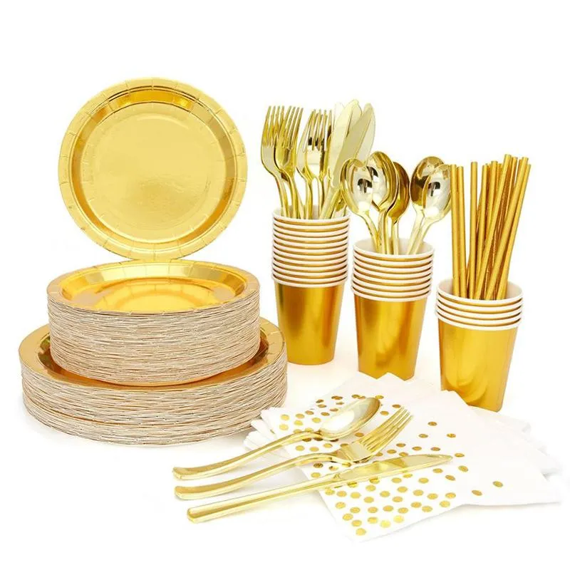 Disposable Dinnerware Gold Tableware Party Table Decoration Paper Cups Straw Napkins Wedding Baby Shower Happy Birthday Supplies