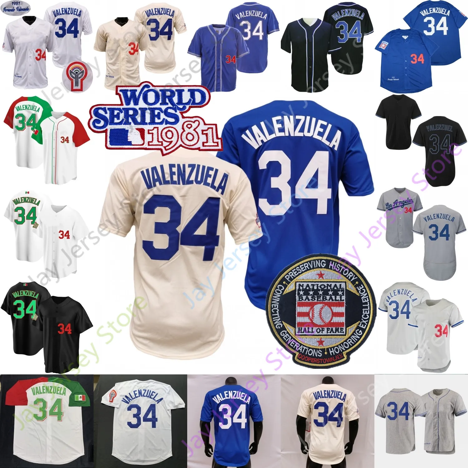 Jerseys de baseball Fernando Valenzuela Jersey 1981 Bleu Blanc Gris Crème WS Hall of Fame Patch Mexique Blanc Noir Mode Chanvre-gris Taille