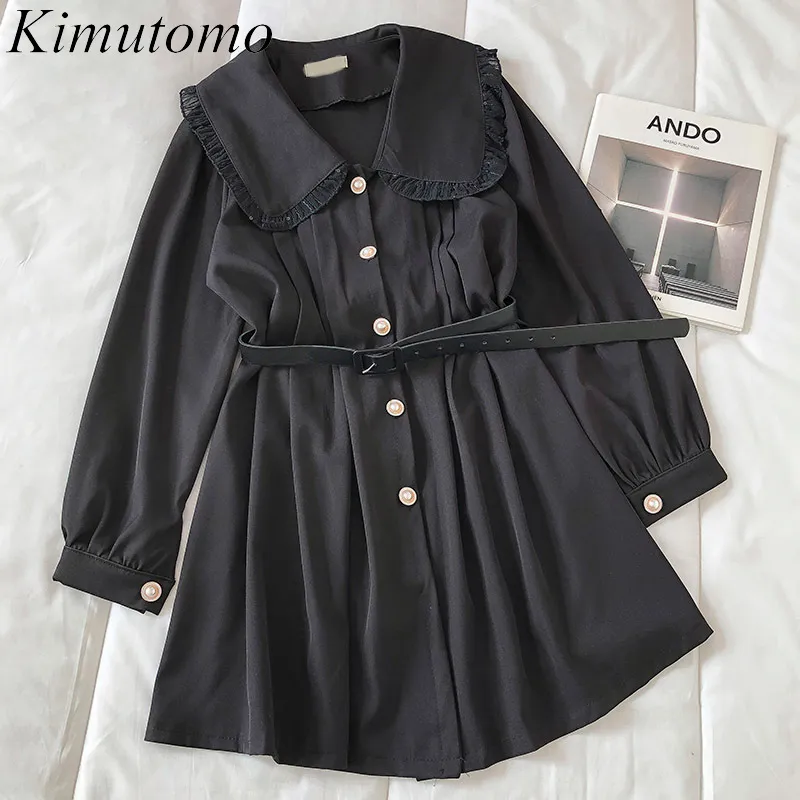 KIMUTOMO Elegant Solid Shirt Jurk Dames Franse Stijl Korea Chique Vrouw Peter Pan Collar Pearl Knopen met Sjerpen Vestido 210521