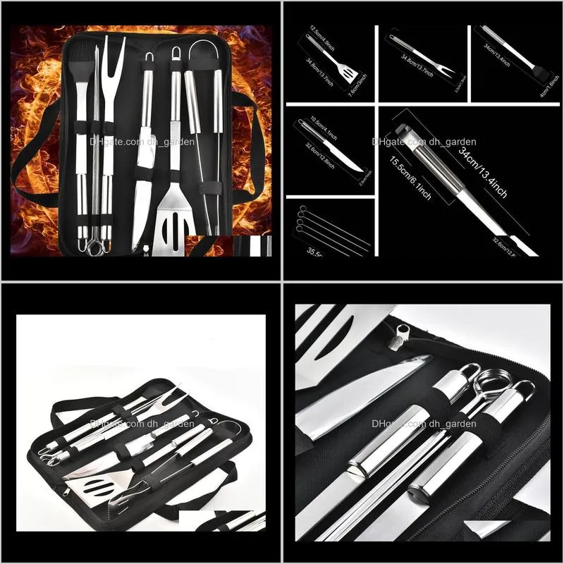 9pcs/set stainless steel bbq tools outdoor barbecue grill utensils with oxford bags stainless steel grill clip brush knife kit sn2372