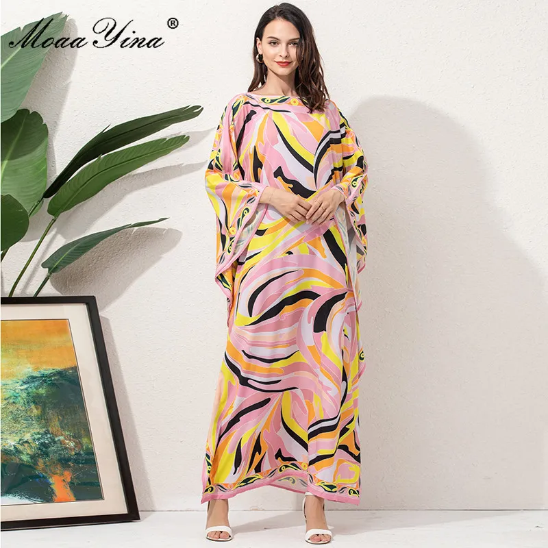 Fashion Runway Loose Maxi Dress Women Elegant Ethnic Print Chiffon Long Batwing Sleeve Oversize Dressing Gowns 210524