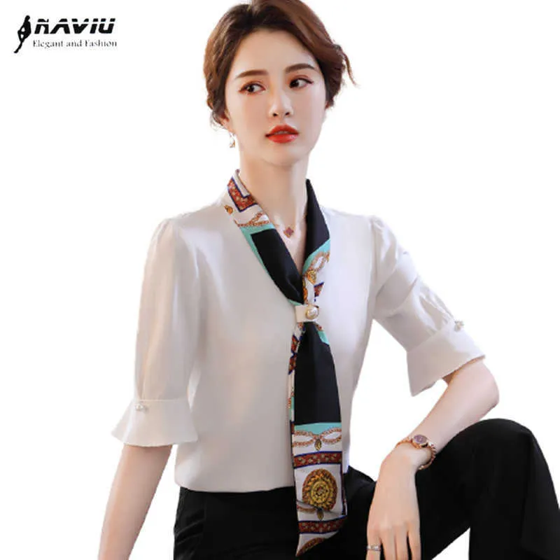 Professional Half Sleeve Blouse Summer Temperament Streamer Chiffon Shirt Office Ladies Fashion Work Tops 210604