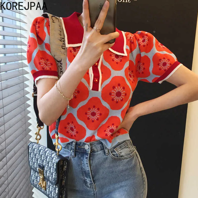 Korejpaa Kobiety T-shirt Lato Retro Temperament Lapel Kwiat Design Chic Trzy Przycisk Luźnie All-Dopasuj Sweter Tuleja Puff 210526