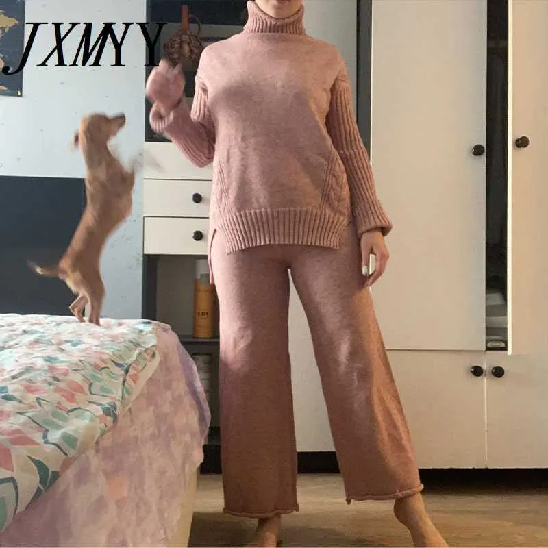 Qiu Dong Han Edition Turtleneck Split With Thick Sweater Wide-Legged Pants Two-Piece Goddess Languid Is Lazy Wind Loose Knitted 210929