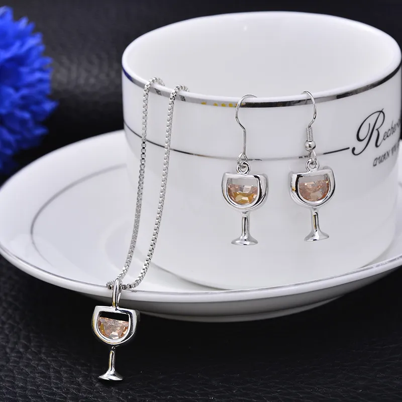 European American Fashion Jewelry High-Grade Zircon Wine Glass Earrings Necklace Set Alloy Ornaments Ladies Wedding Party Accessories Gifts