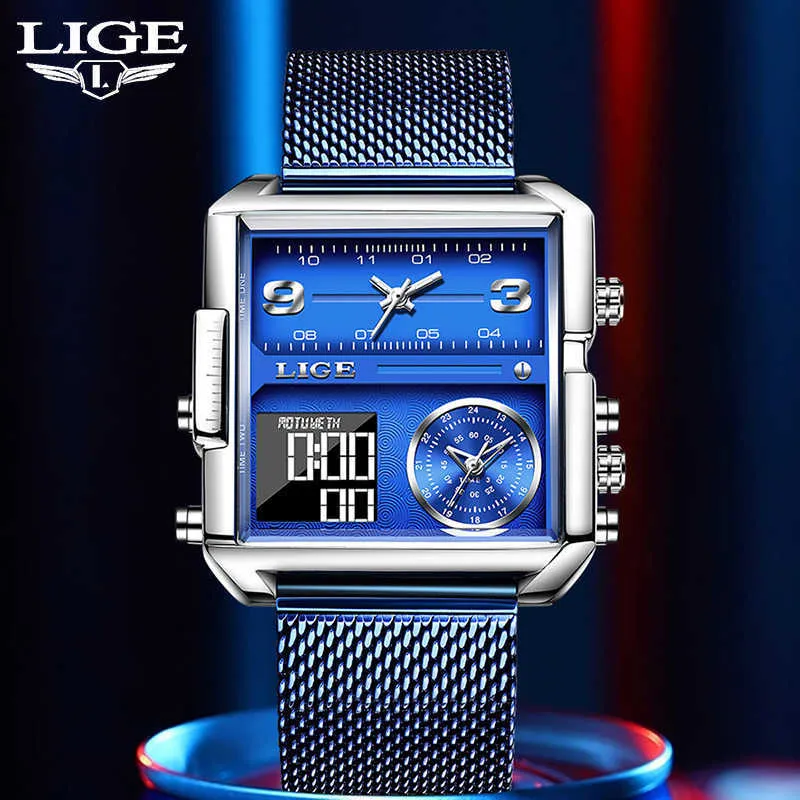 LIGE Sports Watches Men Top Luxury Brand Waterproof Wristwatch Men Quartz Analog Military Digital Watches Relogio Masculino 210527