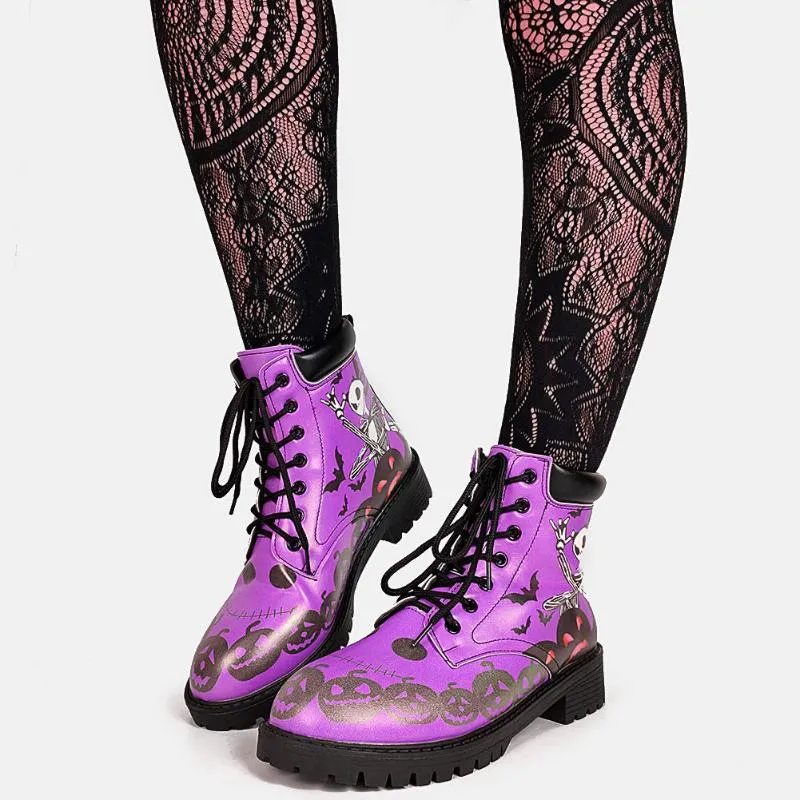 Botas ribetrini grande tamanho 43 chegadas feminino legal gótico sapatos de salto baixo redondo dedo do pé roxo crânio punk mulheres robusta