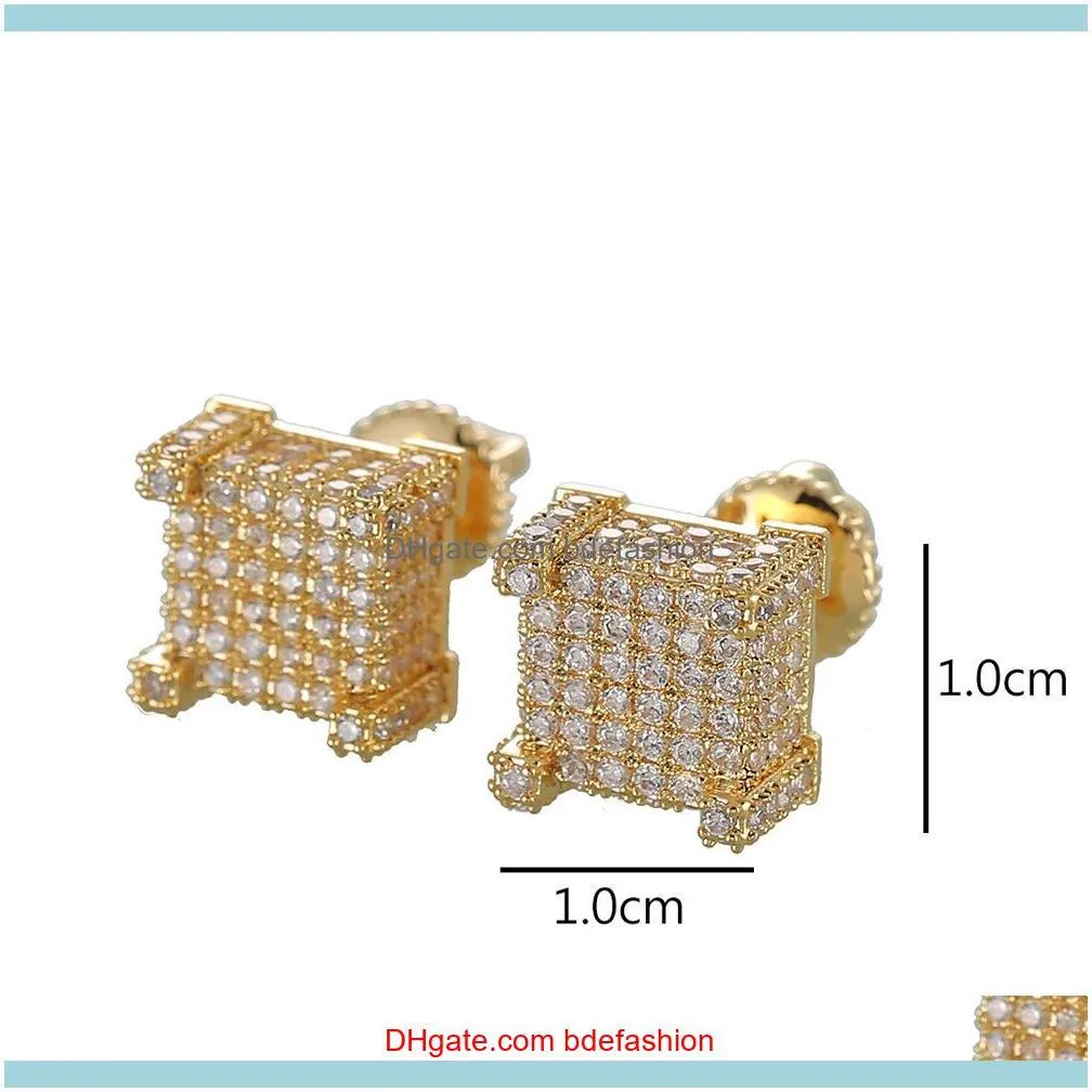 Hip Hop Earrings for Men Gold Silver Iced Out CZ Square Stud Earring With Screw Back Jewelry