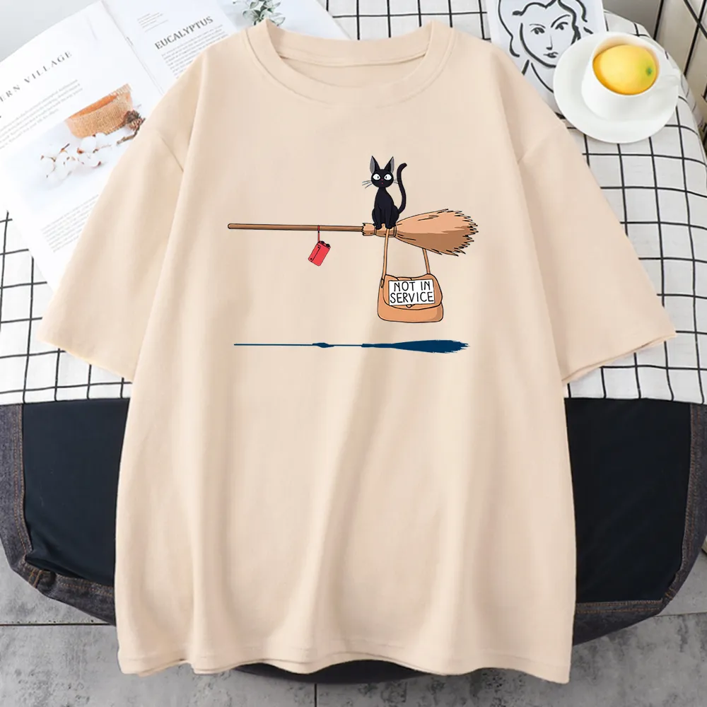 Söt katt inte i service komiker t skjortor trycker kvinnor mjuka tecknade filmer mjuka tshirt mode crewneck tshirts vintage lösa t skjortor par